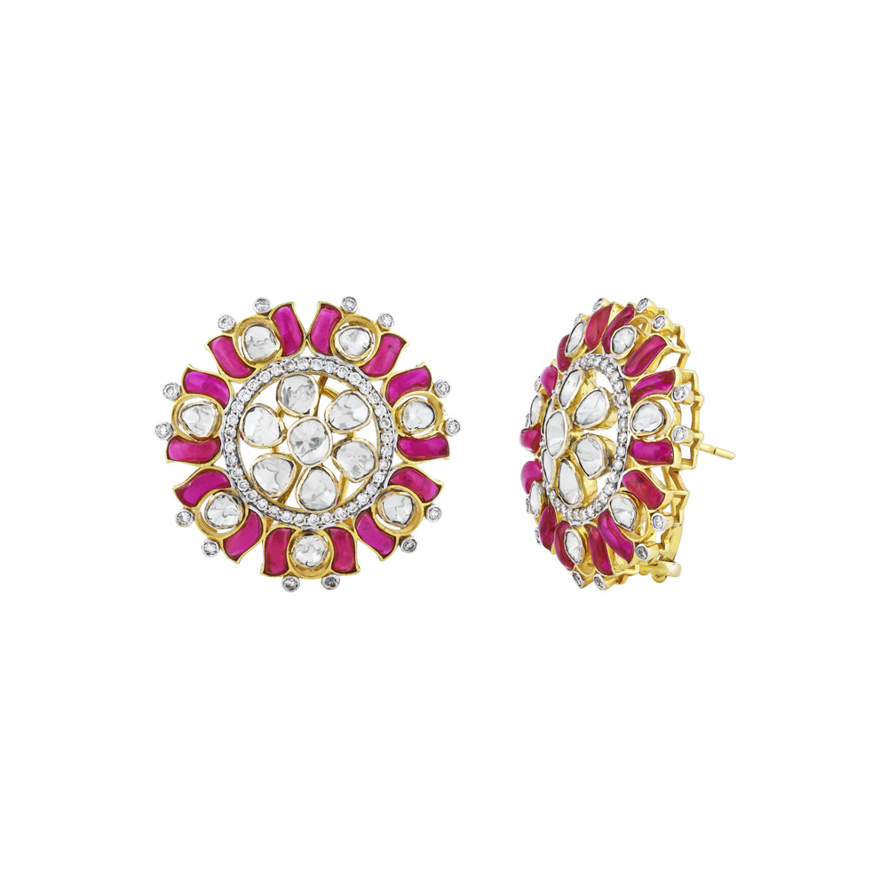 Polki Circular Earrings with Pinkish Red Talaf and Floral Design