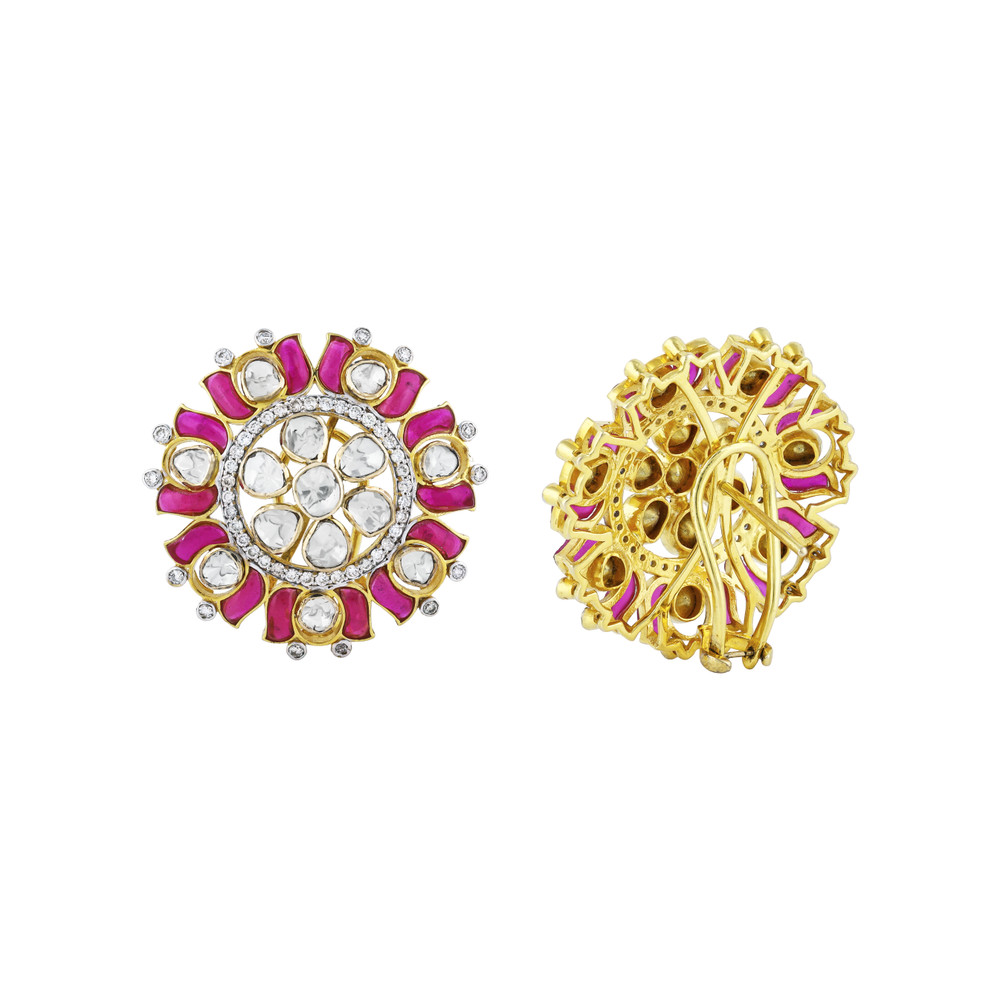 Polki Circular Earrings with Pinkish Red Talaf and Floral Design