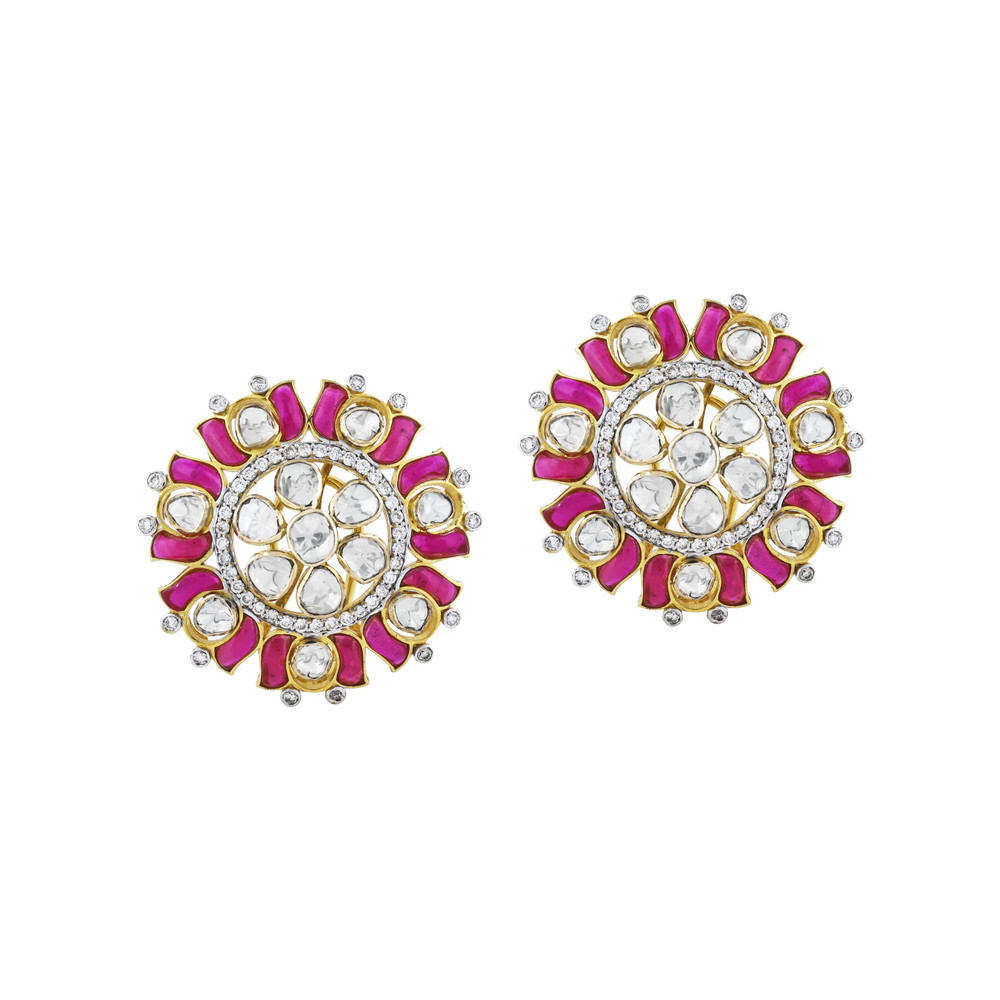 Polki Circular Earrings with Pinkish Red Talaf and Floral Design