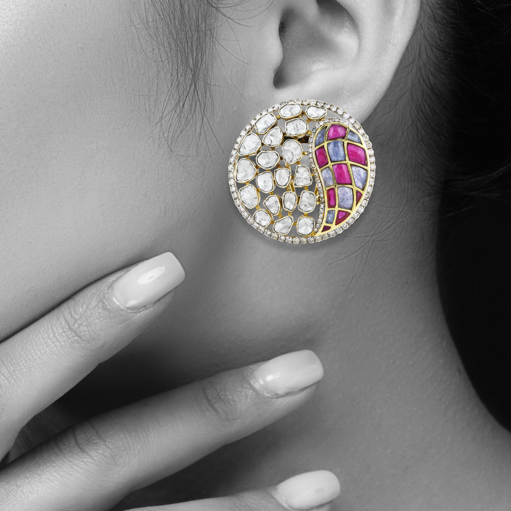 Polki Earrings with Pink and Purple Talaf in Circular Design