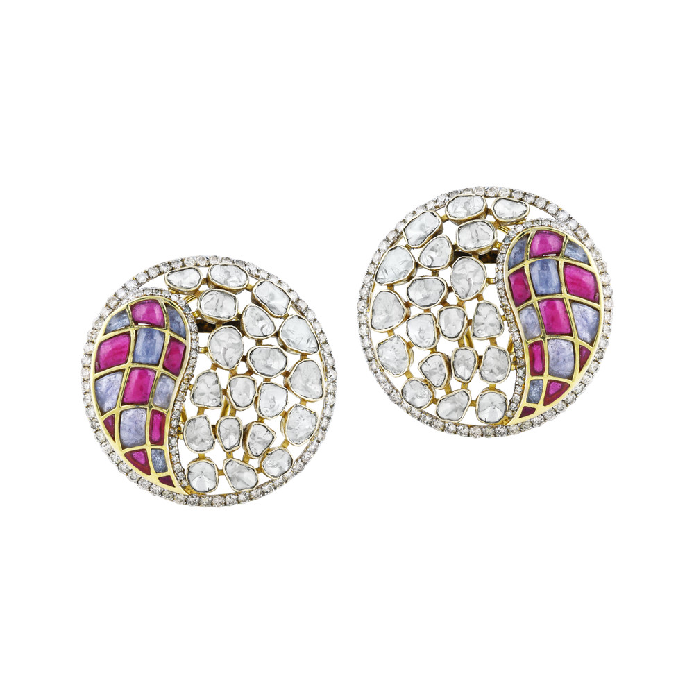 Polki Earrings with Pink and Purple Talaf in Circular Design