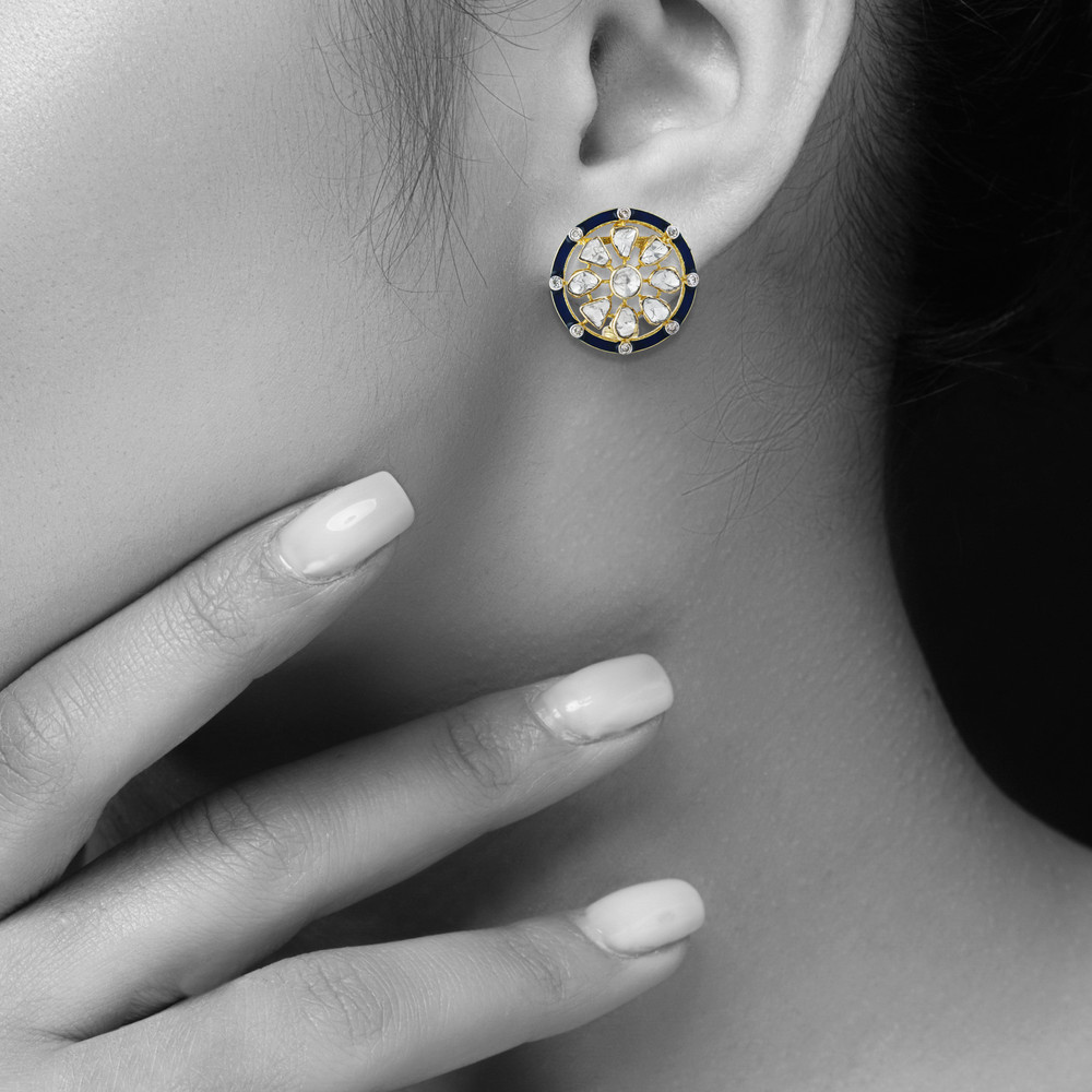 Round Polki Earrings with Blue Enamel and Diamonds