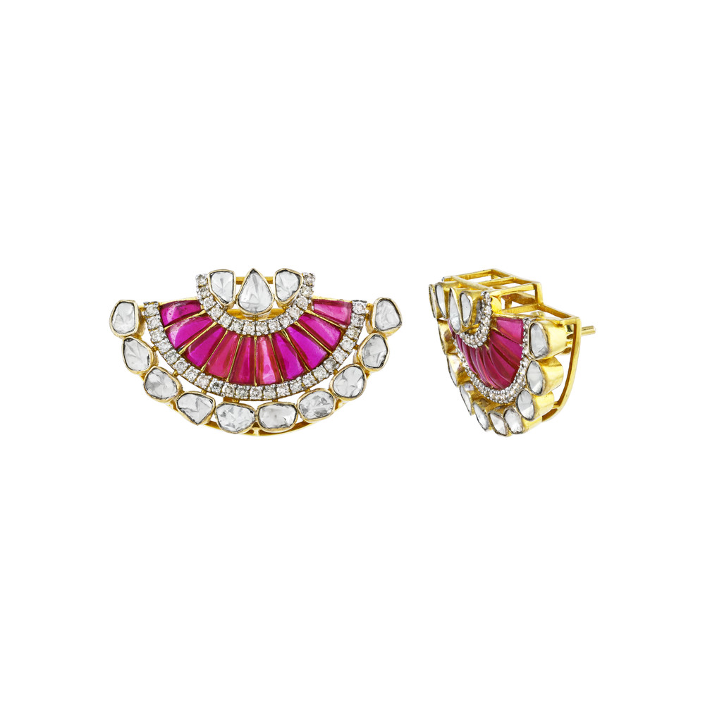 Fan-Shaped Polki Earrings with Red Talaf and Diamonds
