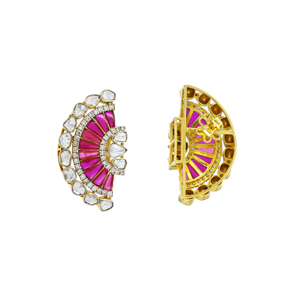 Fan-Shaped Polki Earrings with Red Talaf and Diamonds