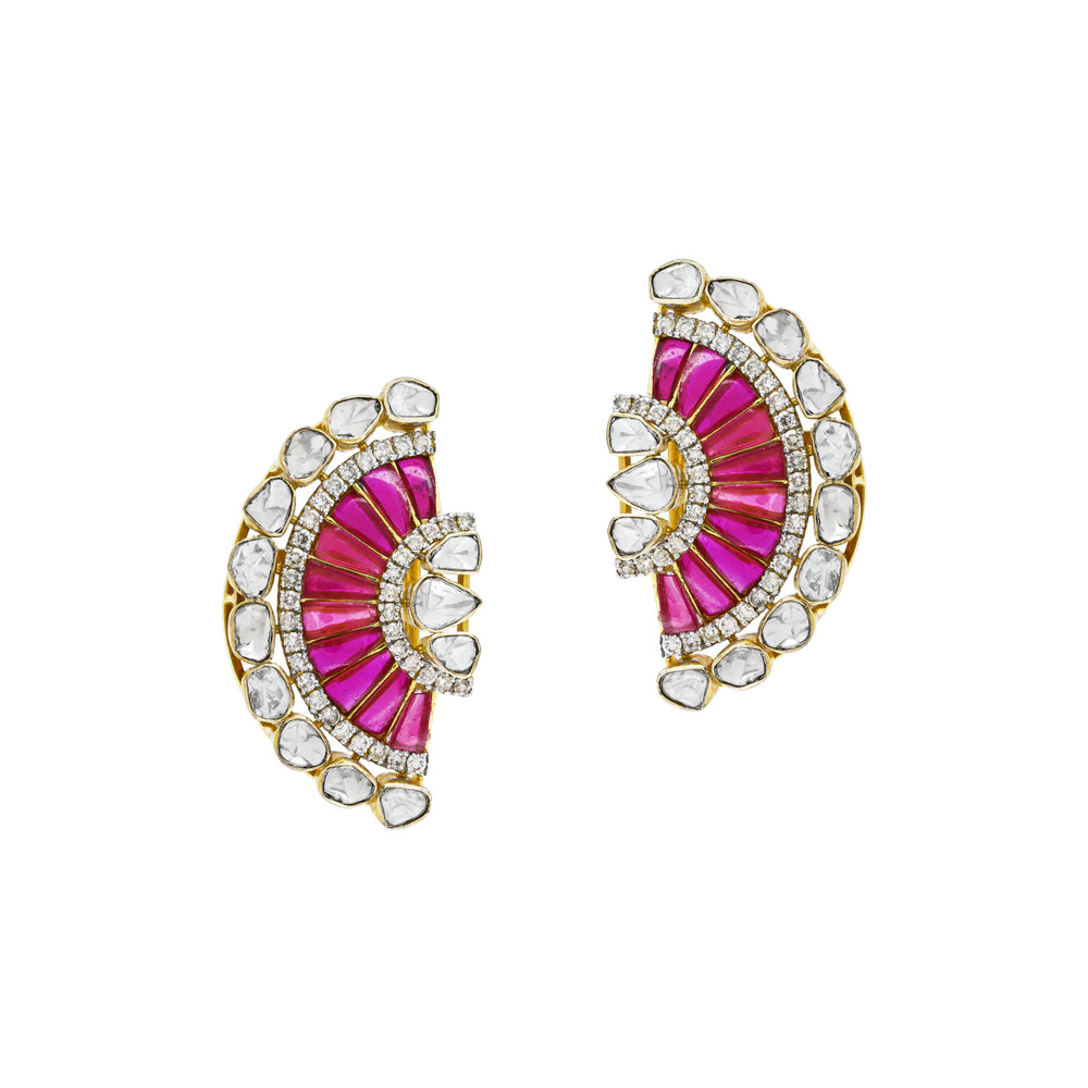 Fan-Shaped Polki Earrings with Red Talaf and Diamonds