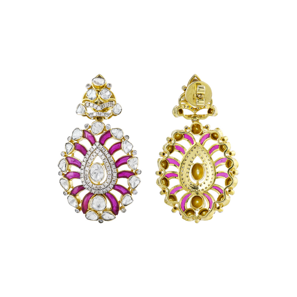 Polki Earrings with Red Talaf and Sparkling Diamonds
