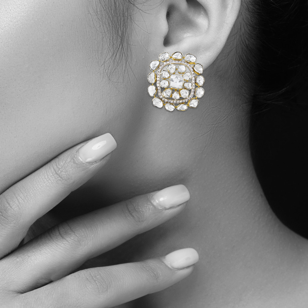 Squared Polki Earrings with White Look