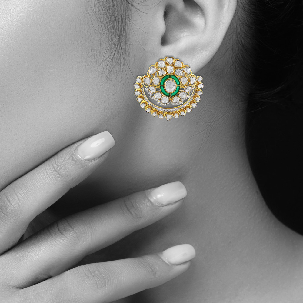 Polki Floral Earrings with Green Talaf Center and Diamonds