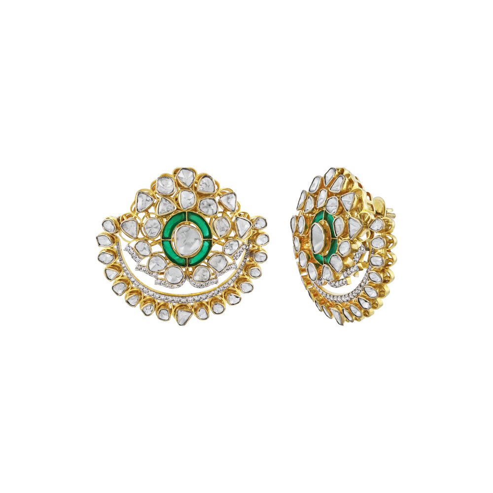Polki Floral Earrings with Green Talaf Center and Diamonds