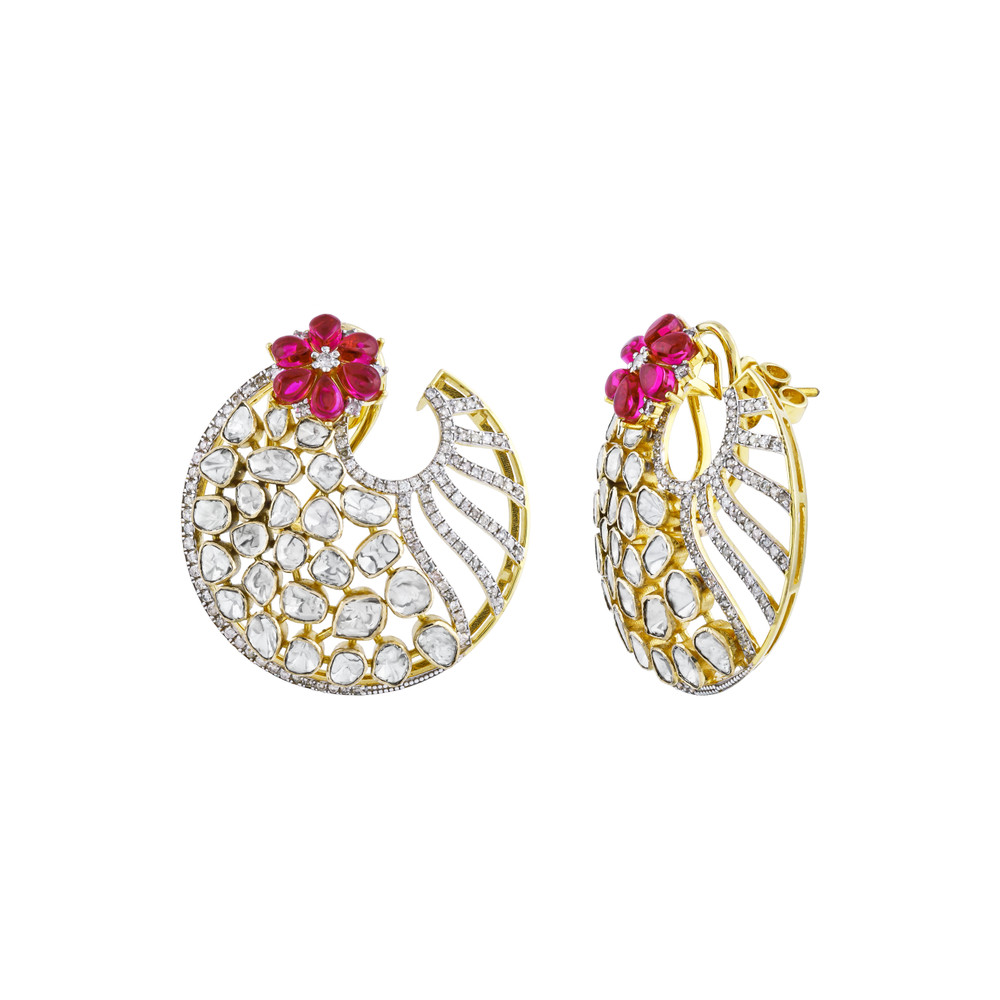 Circular Polki Earrings with Red Flower and Diamonds