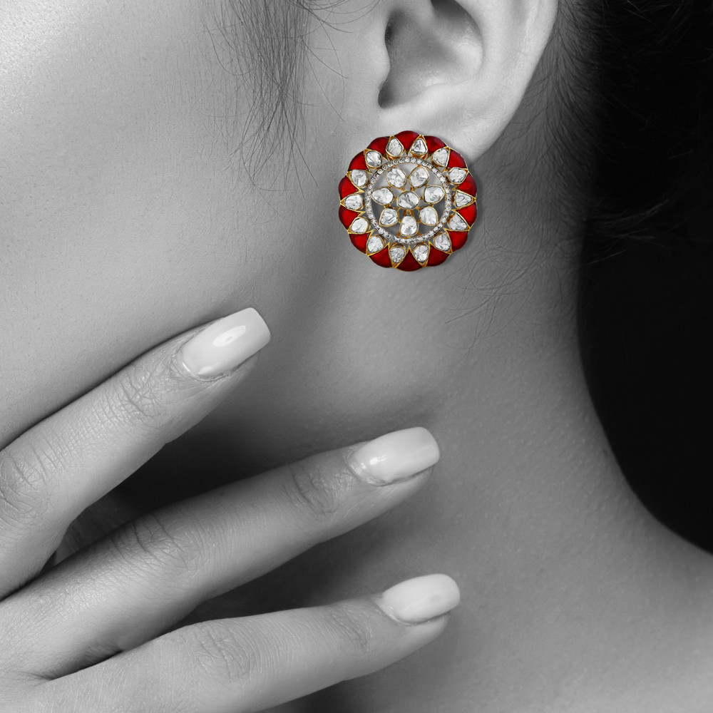 Round Polki Earrings with Red Talaf and Diamonds