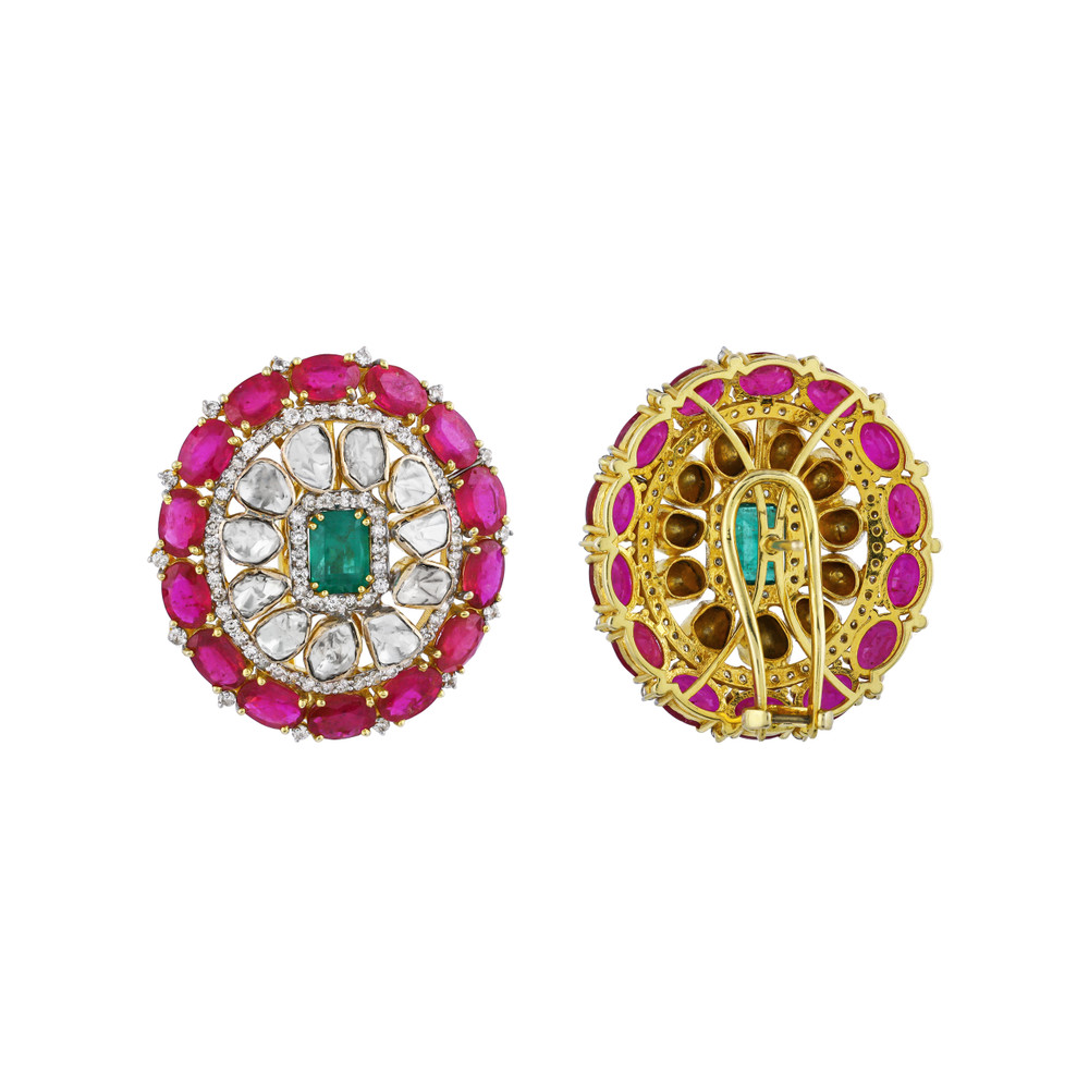 Round Earrings with Green and Red Colour Stone and Polki Diamonds