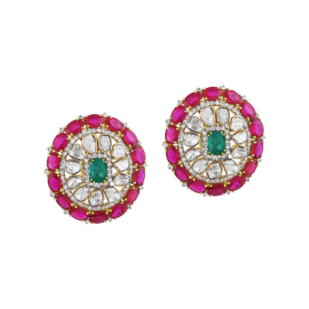 Round Earrings with Green and Red Colour Stone and Polki Diamonds