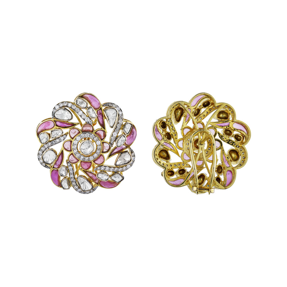 Floral Polki Earrings with Pink Talaf and Swirl Design