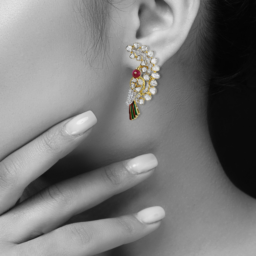 Polki Earrings with Red Colour Bead, Diamonds, and Enamel Wing of a Bird