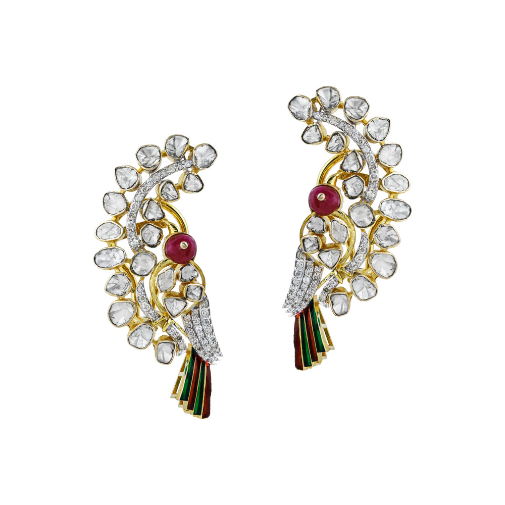 Polki Earrings with Red Colour Bead, Diamonds, and Enamel Wing of a Bird