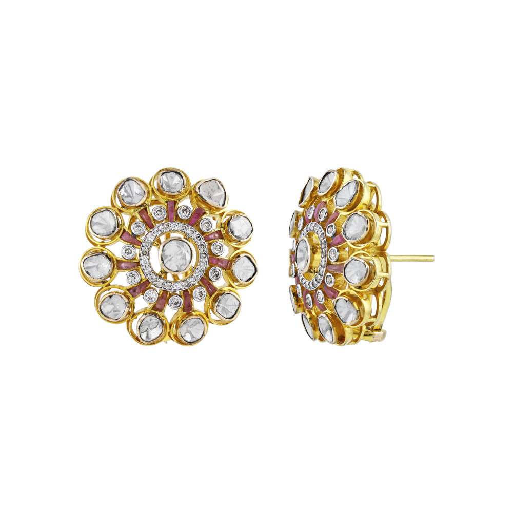 Polki Circular Earrings with Central Polki and Pink Talaf