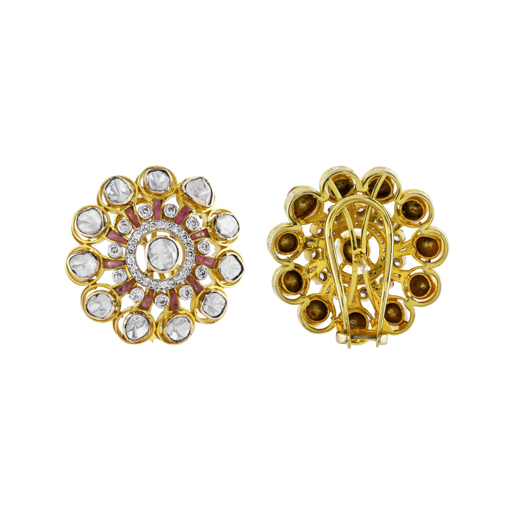 Polki Circular Earrings with Central Polki and Pink Talaf
