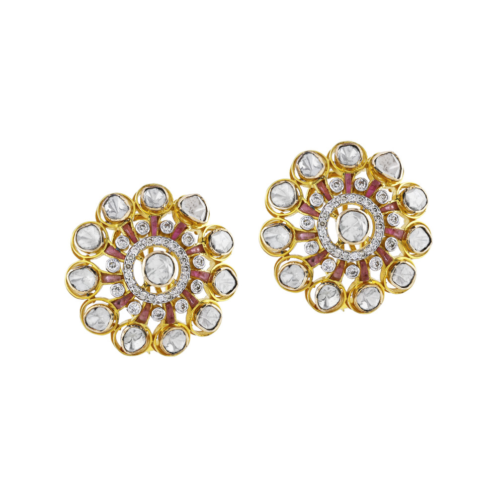 Polki Circular Earrings with Central Polki and Pink Talaf