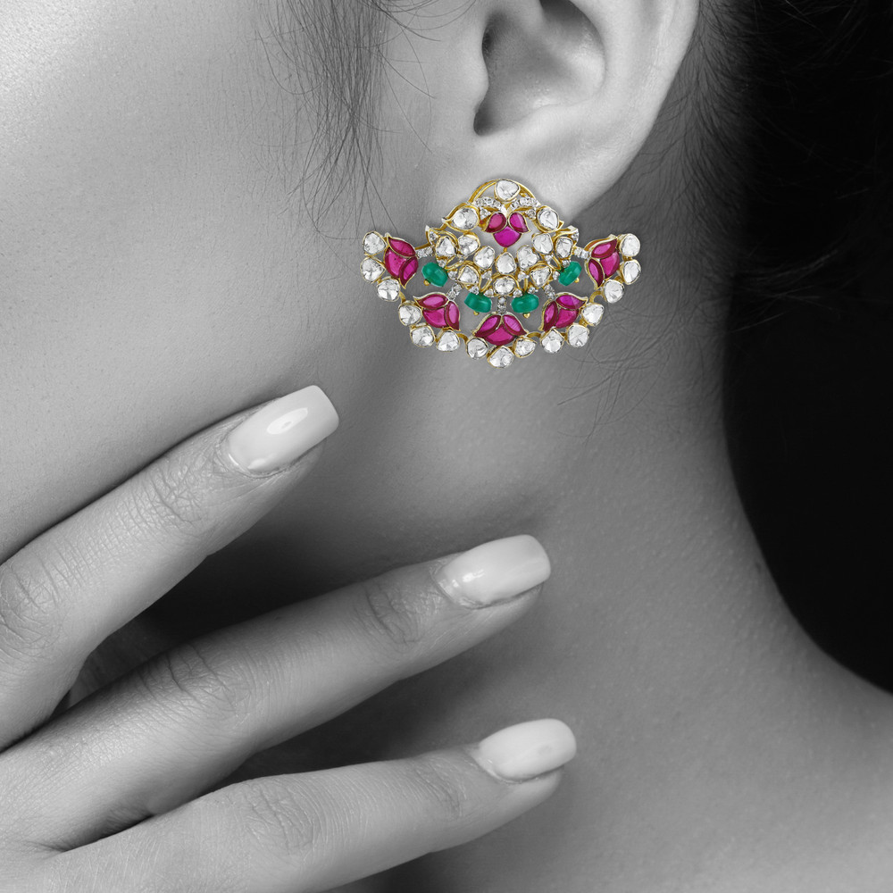 Radiant Cluster Earrings with Pink Petals and Green Accents