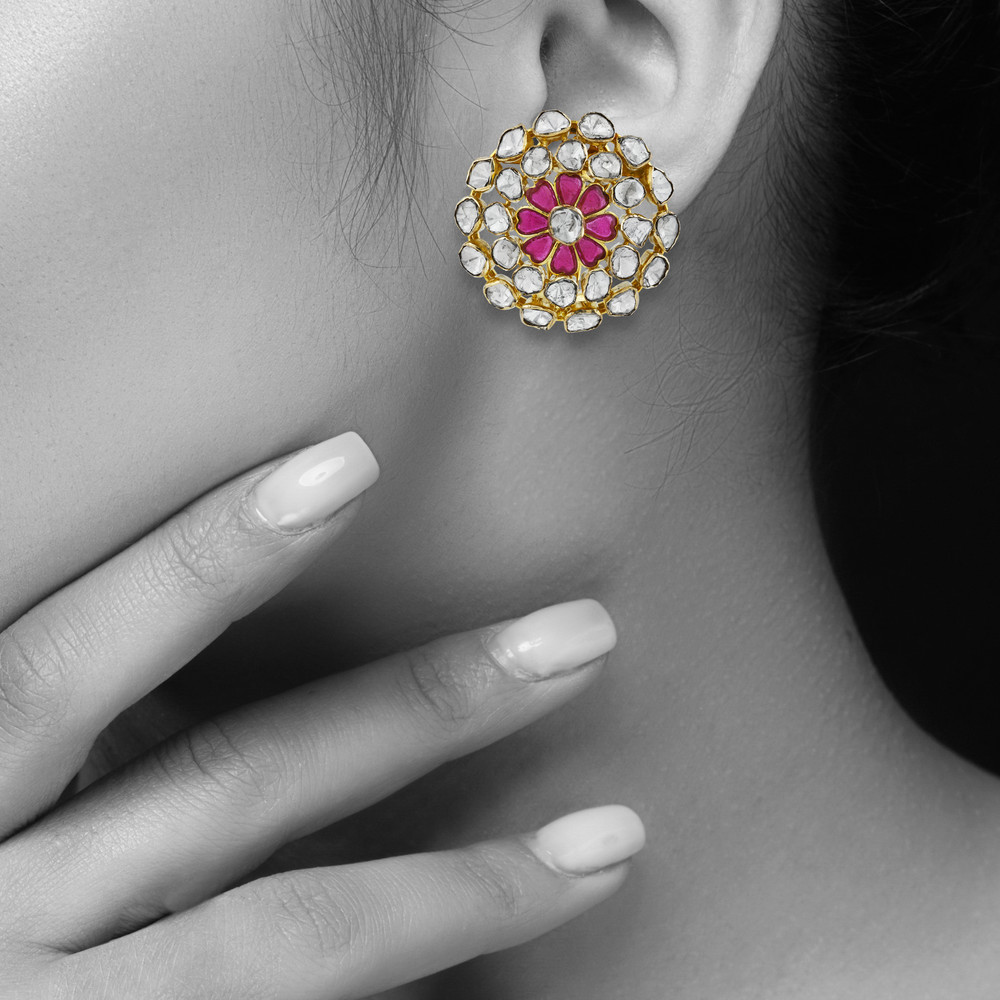Floral Pink Stone Earrings with Uncut Diamonds in a Circular Frame