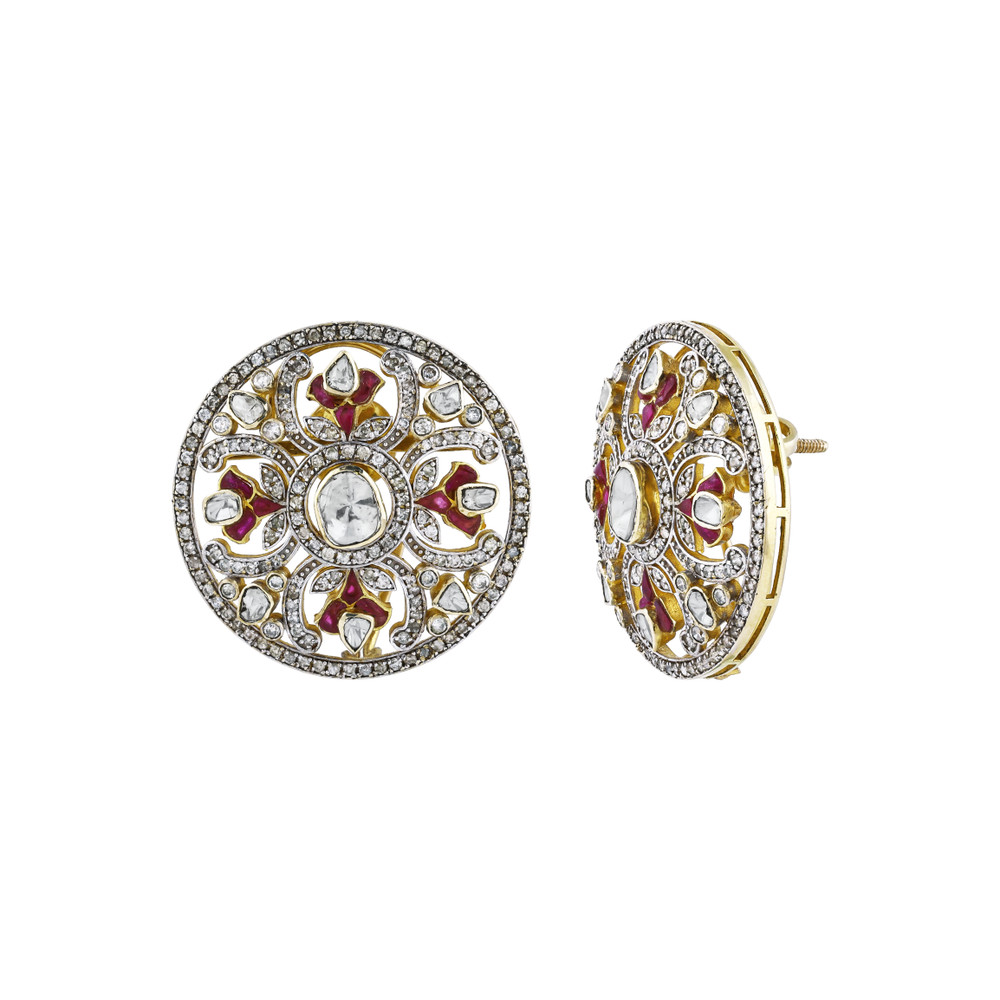 Opulent Circular Earrings with Uncut Diamond and Red Talaf