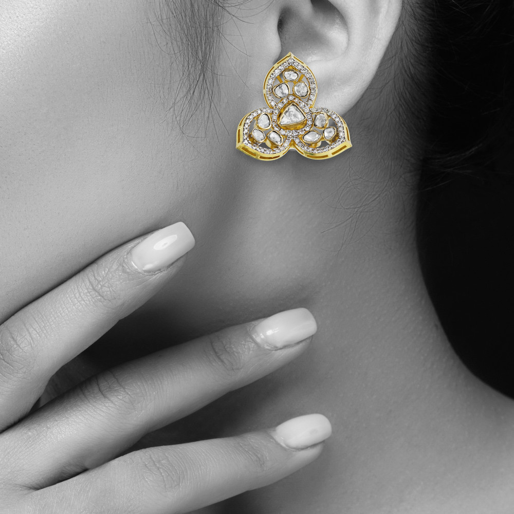 Clovershaped Uncut Diamond Earrings with Pave Diamond Frame