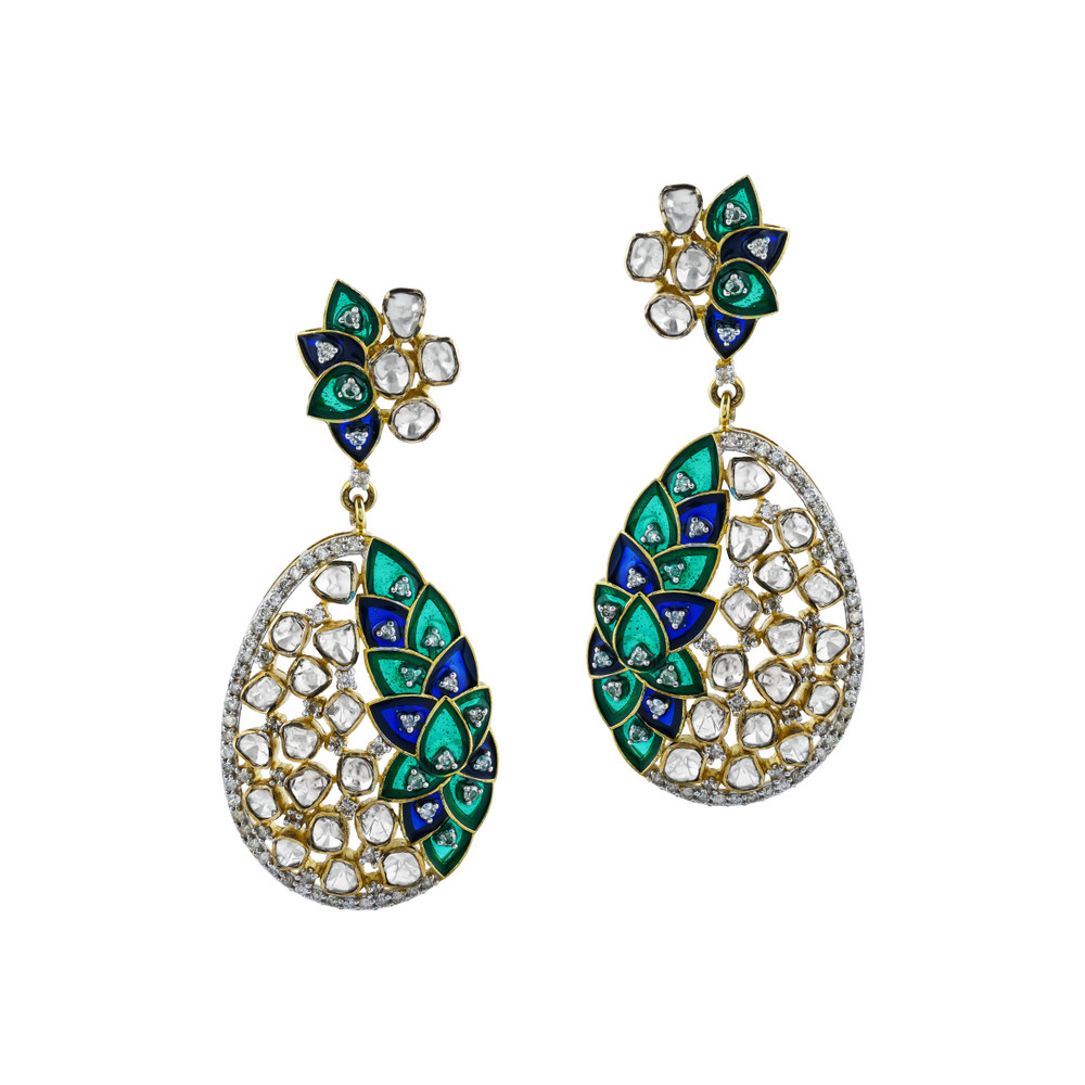 Earrings with Uncut Diamonds and Blue-Green Enamel