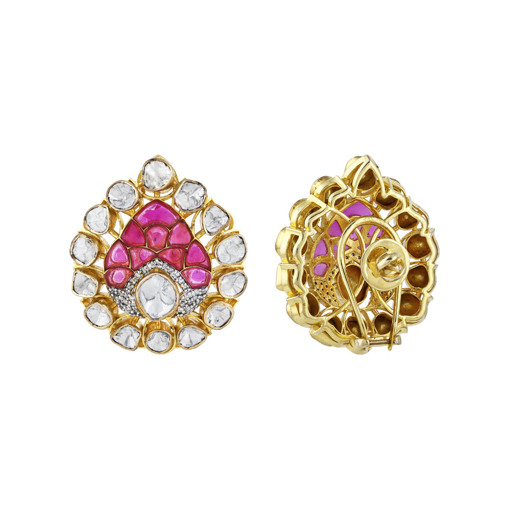 Teardrop Earrings with Uncut Diamonds and Pink Talaf