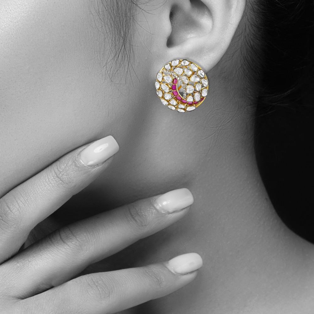 Round Polki Earrings with Pink Swirl Accent