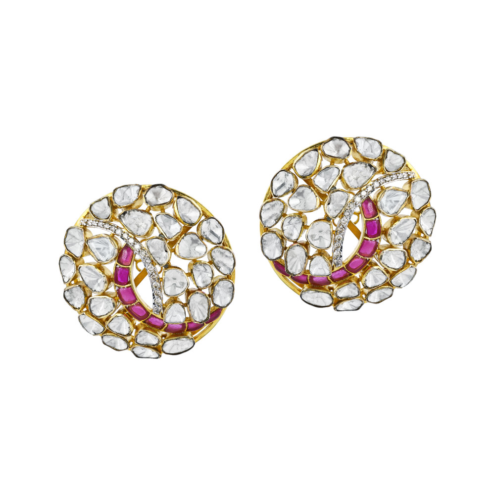 Round Polki Earrings with Pink Swirl Accent