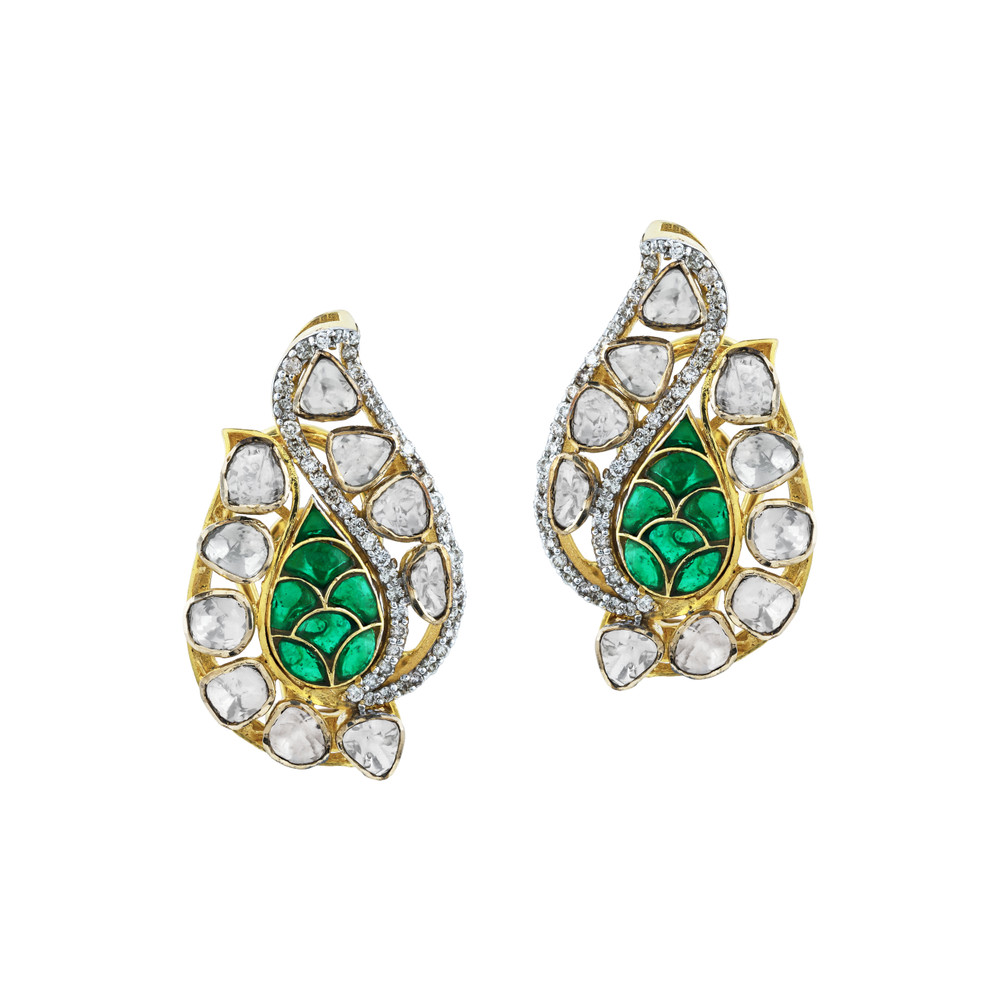 Leafy Earrings with Uncut Diamond Polki and Vibrant Green Accents