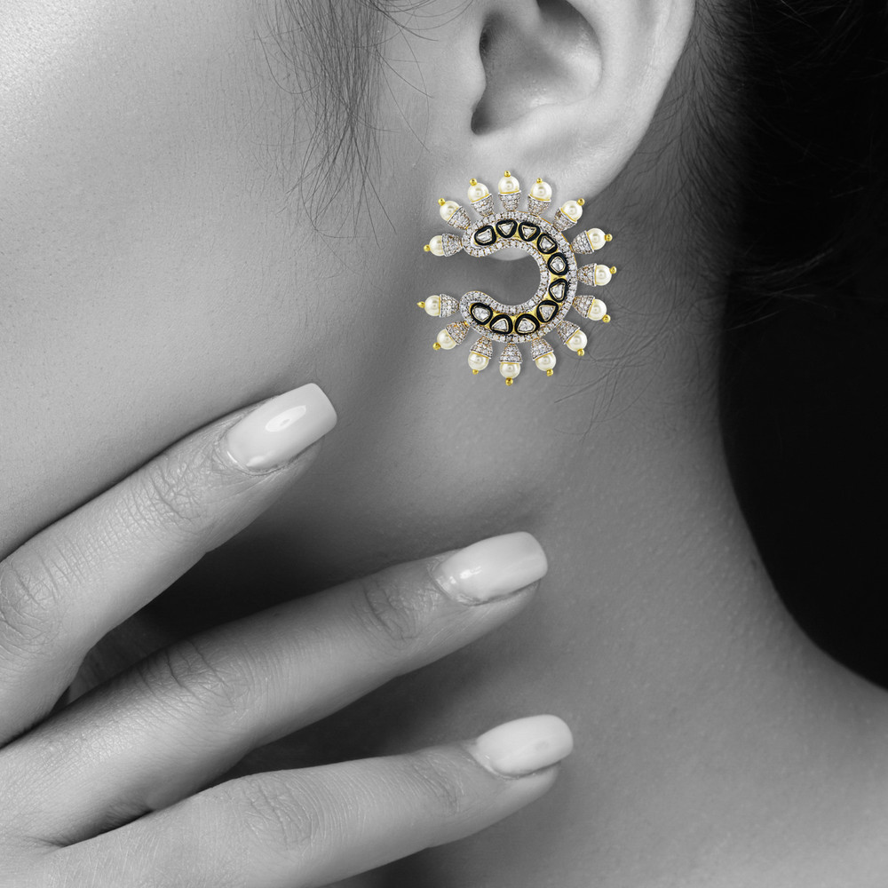 Crescent-Shaped Polki Earrings with Black Enamel, Diamonds and Pearls