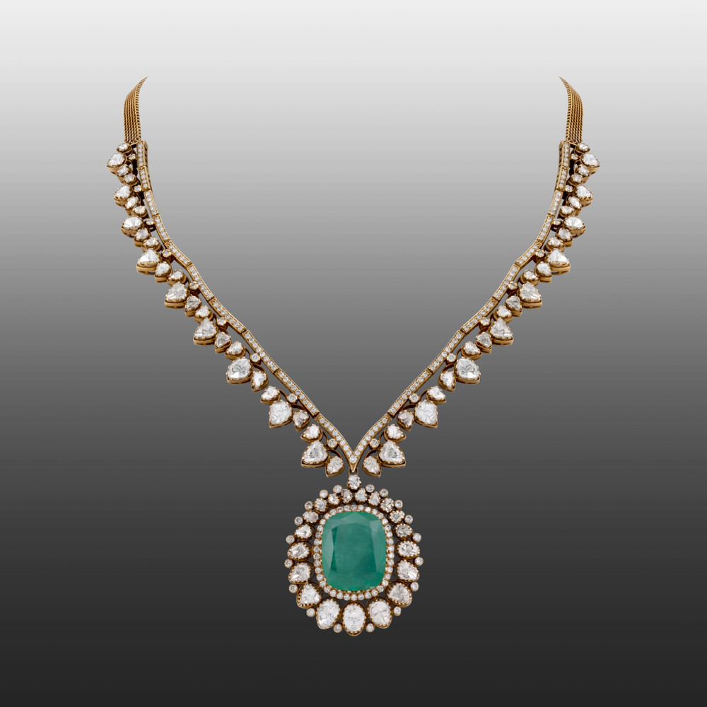 Emerald Pendant Necklace and Earring Set with Diamond Highlights