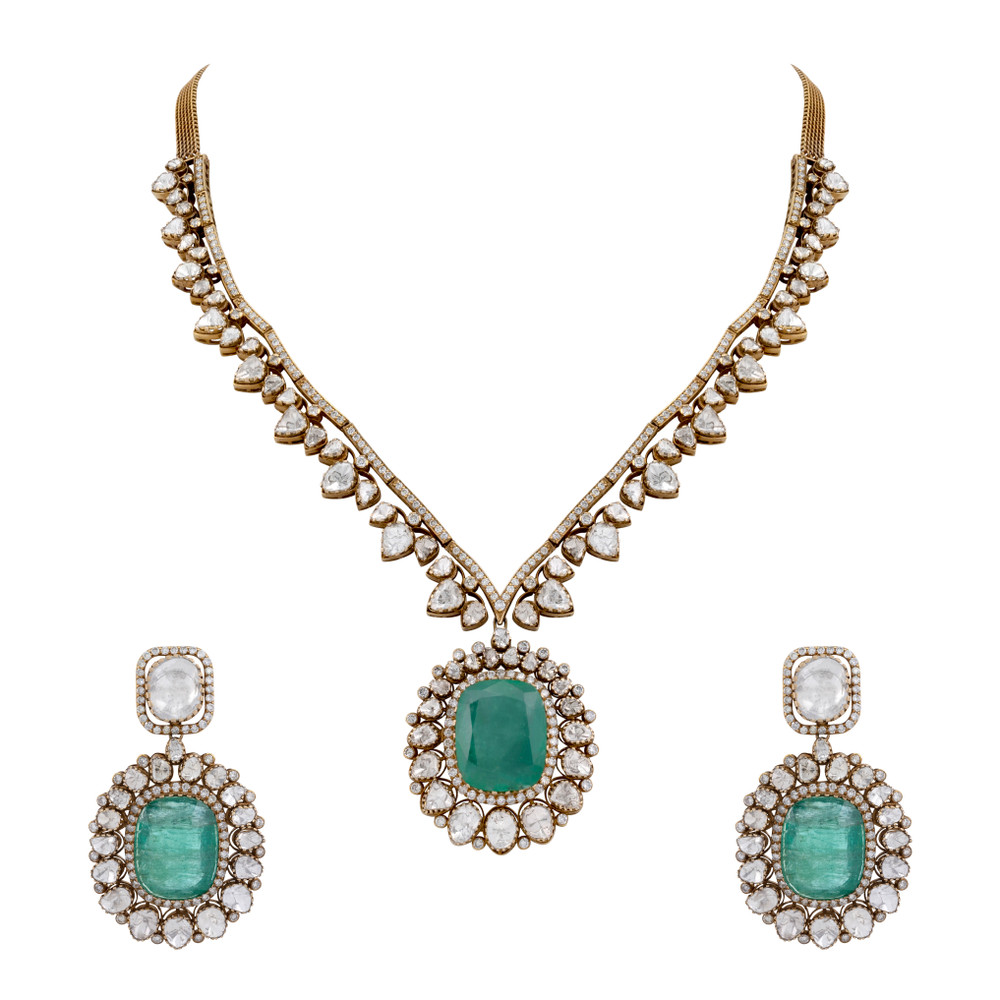 Emerald Pendant Necklace and Earring Set with Diamond Highlights