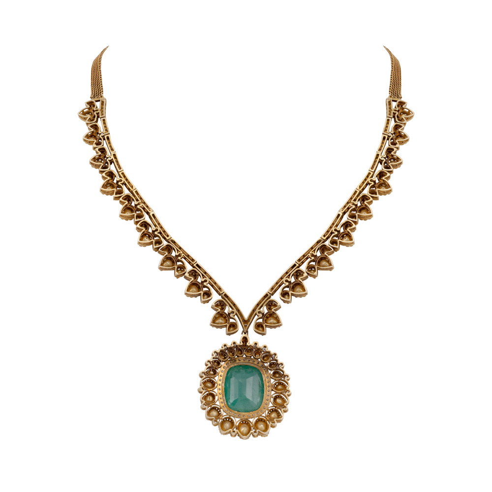 Emerald Pendant Necklace and Earring Set with Diamond Highlights