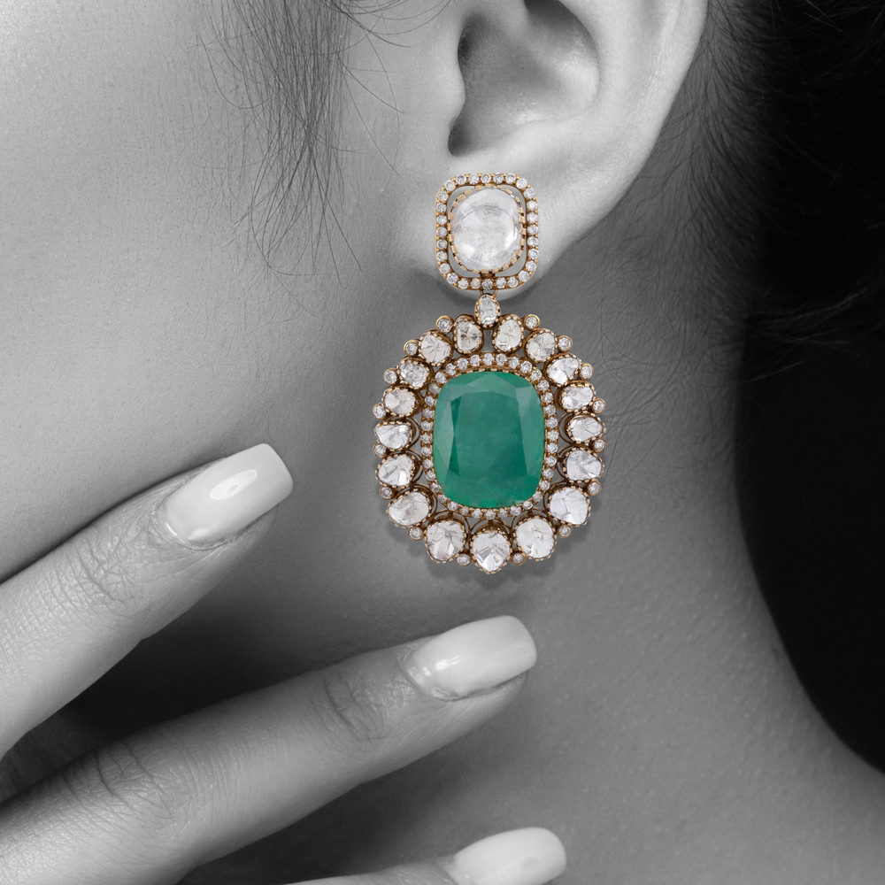Emerald Pendant Necklace and Earring Set with Diamond Highlights