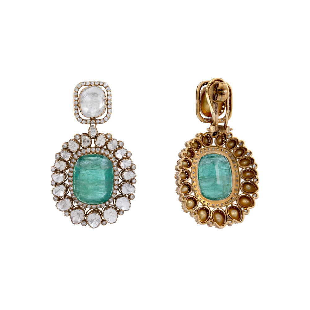 Emerald Pendant Necklace and Earring Set with Diamond Highlights