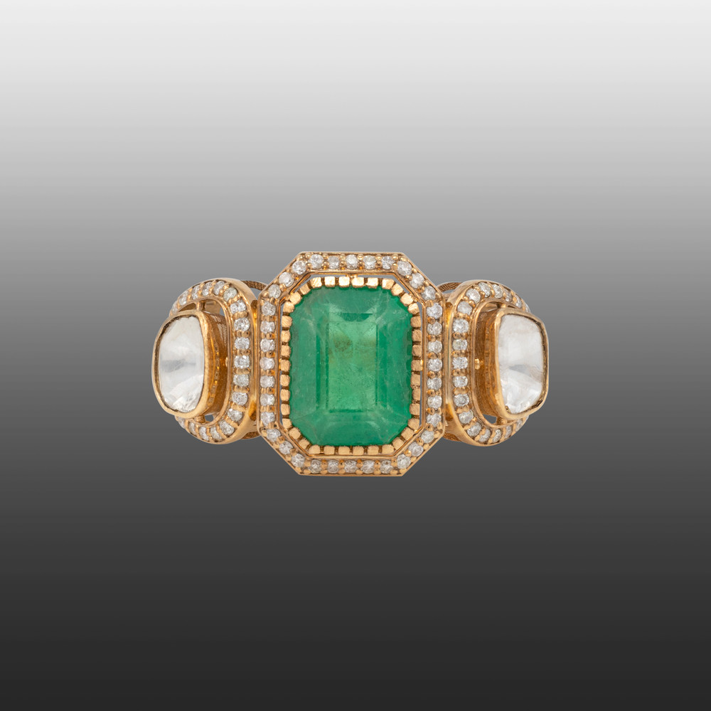 Emerald Polki Ring with Diamond Halo
