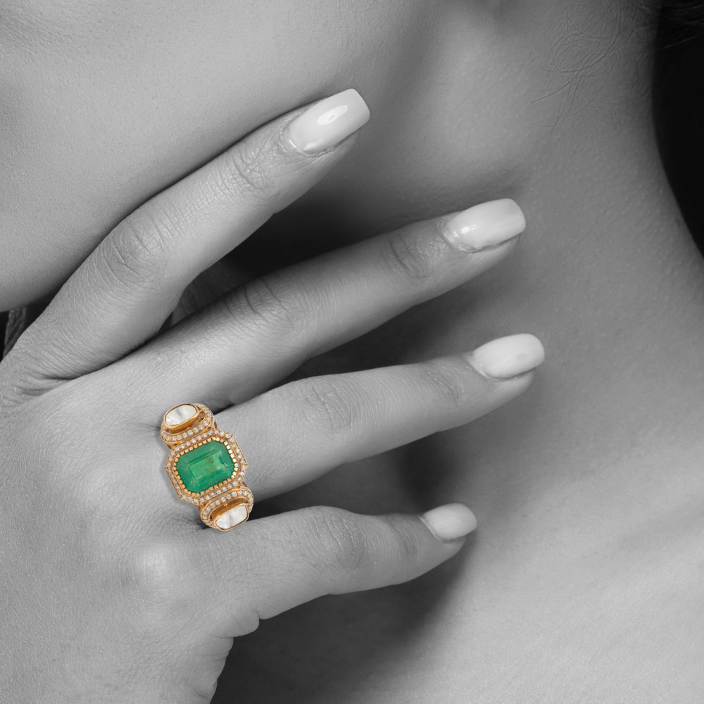 Emerald Polki Ring with Diamond Halo