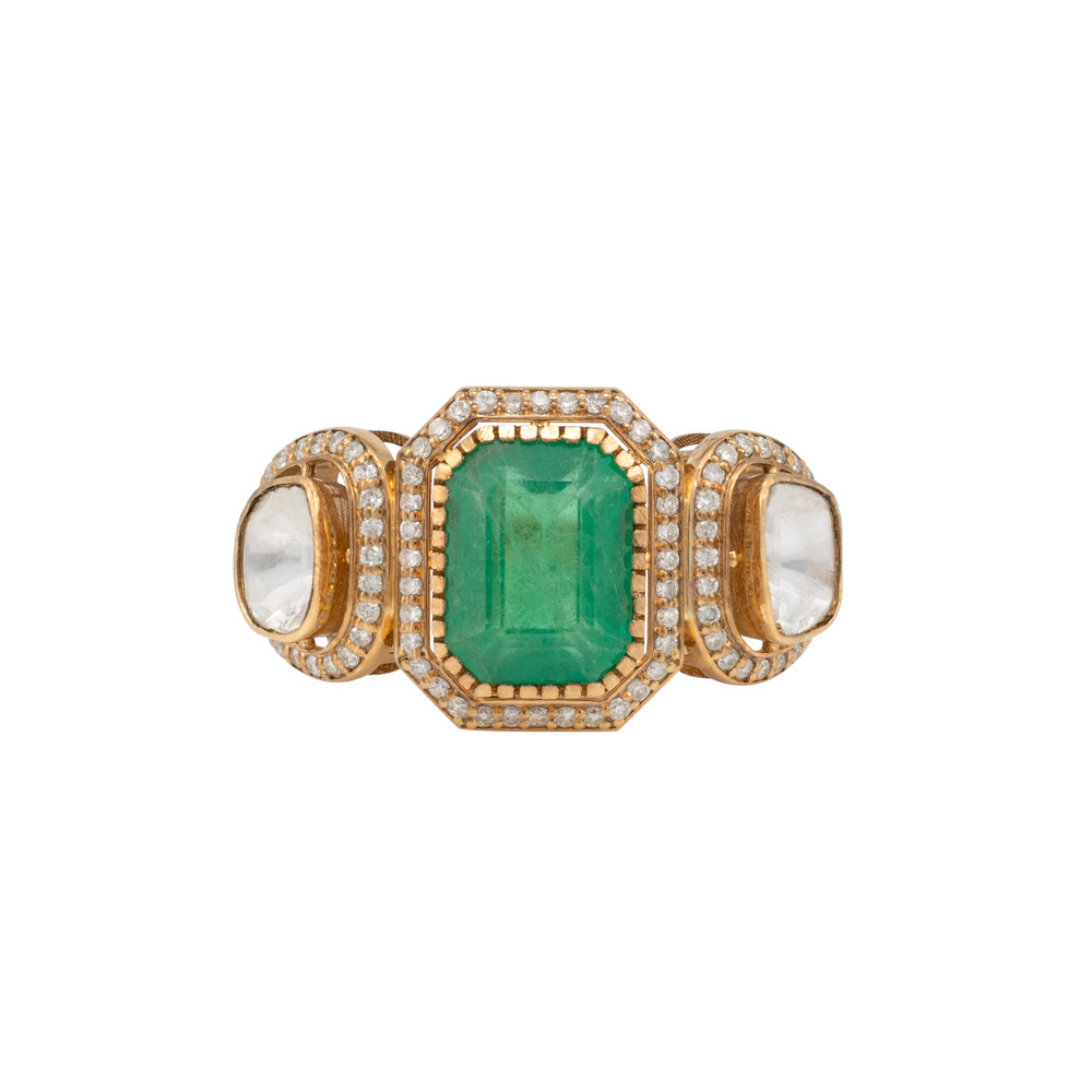 Emerald Polki Ring with Diamond Halo