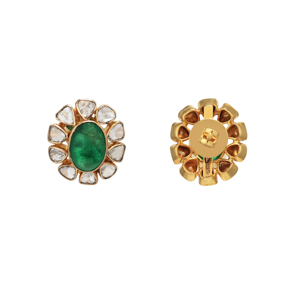 Emerald Cabochon Polki Necklace with Floral Stud