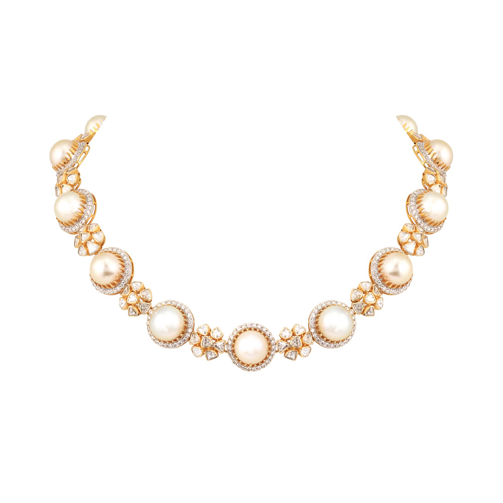 Uncut Polki Floral Necklace with Diamond and Pearls