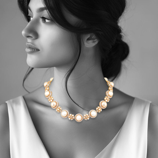 Uncut Polki Floral Necklace with Diamond and Pearls