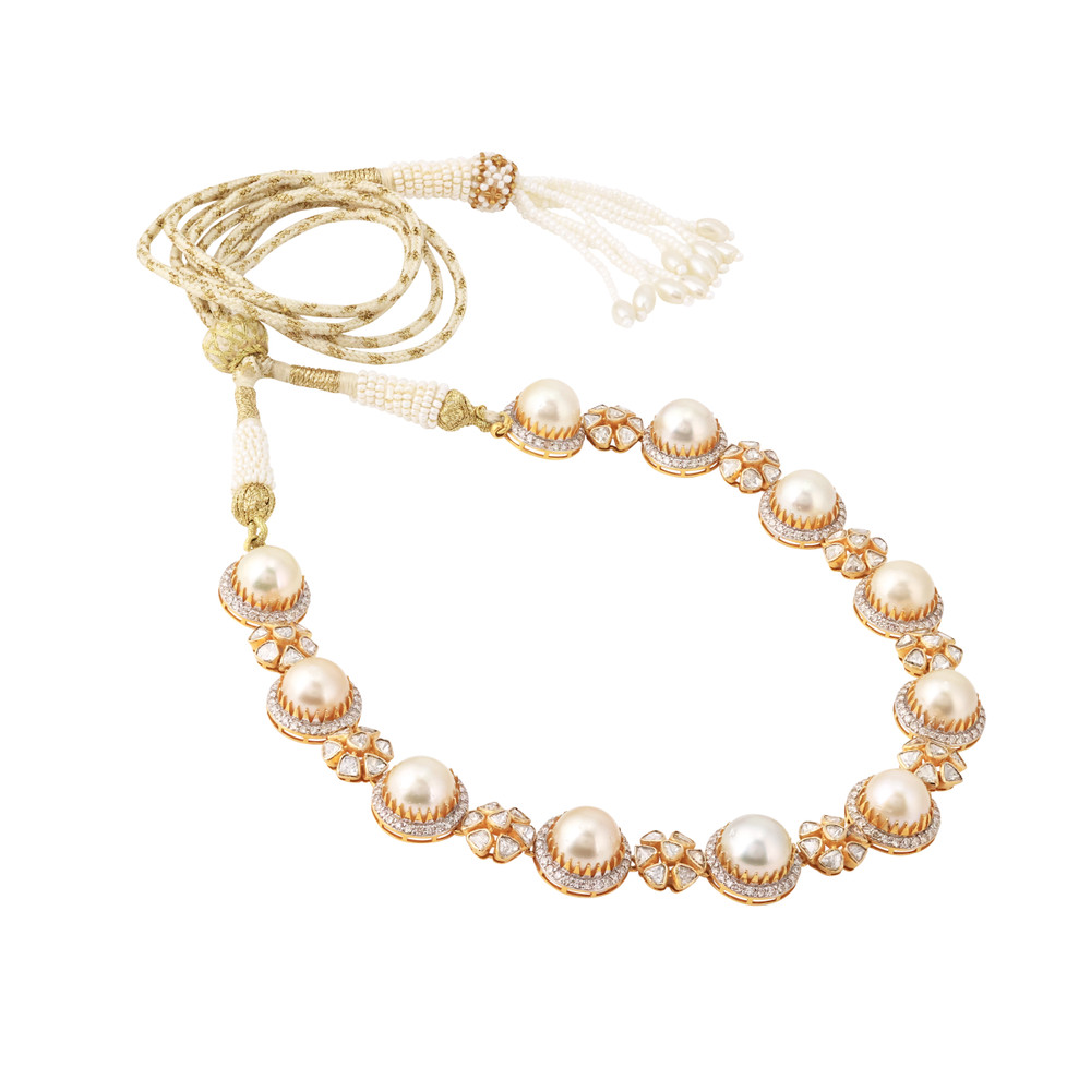 Uncut Polki Floral Necklace with Diamond and Pearls