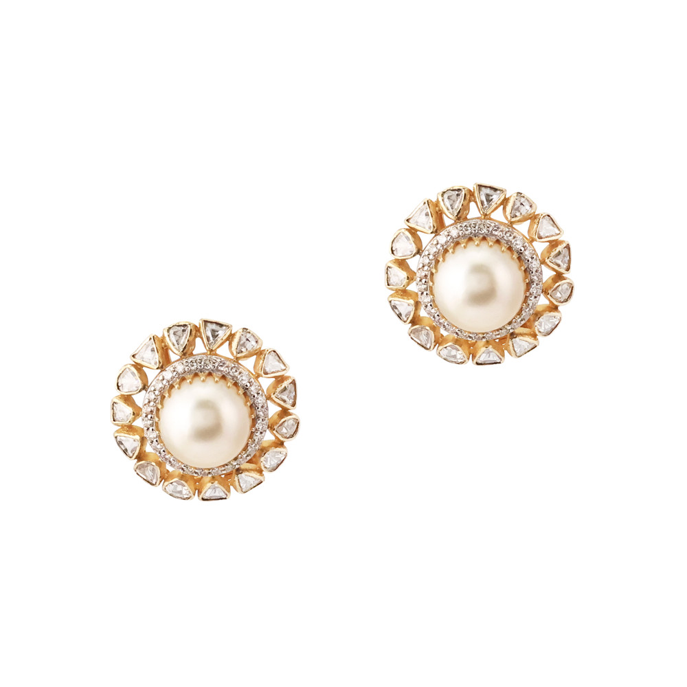 Pearl Stud with Surrounding Uncut Polki and Diamond Band
