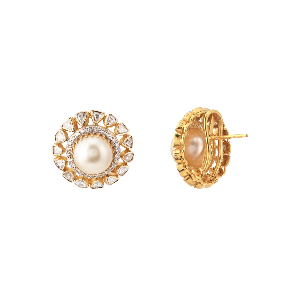 Pearl Stud with Surrounding Uncut Polki and Diamond Band