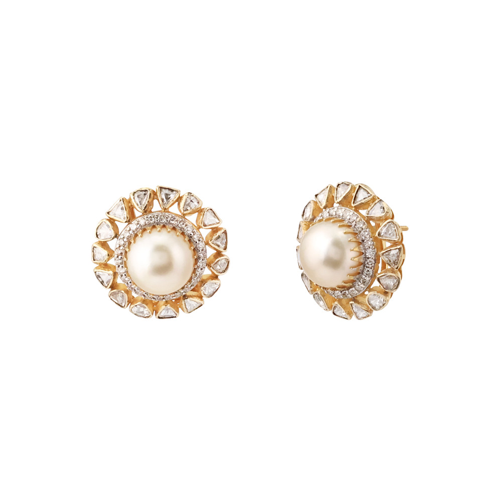 Pearl Stud with Surrounding Uncut Polki and Diamond Band