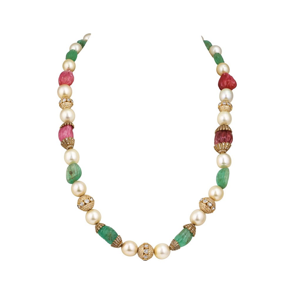 Carved Emerald and Ruby Necklace with Pearl and Diamond Accents
