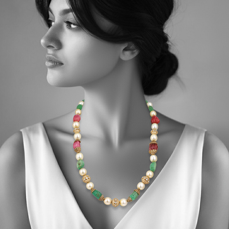 Carved Emerald and Ruby Necklace with Pearl and Diamond Accents